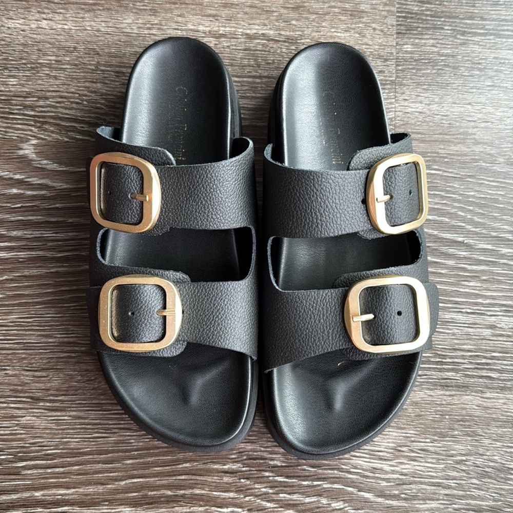 Black leather double gold buckle footbed sandal